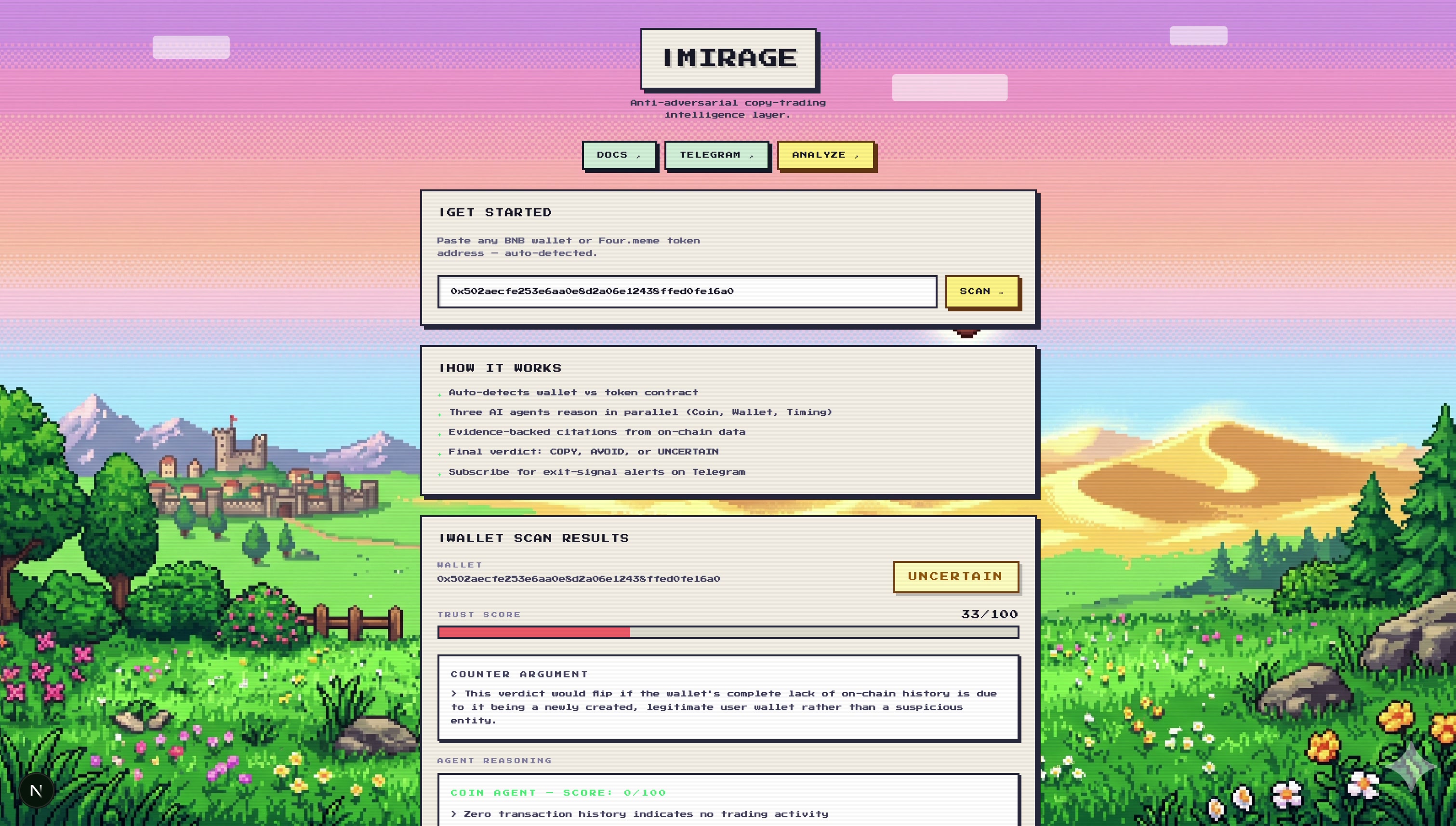 Mirage dashboard — home page with wallet scan results